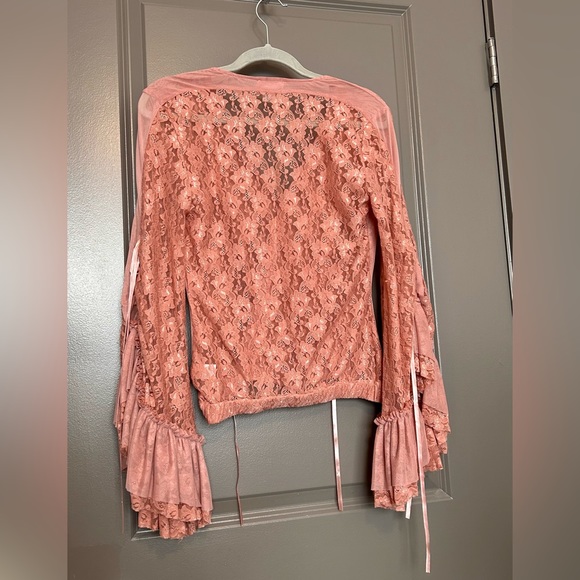 Bell Sleeve Shirt Lace Back Dressy Top with Mesh Back - Picture 2 of 6